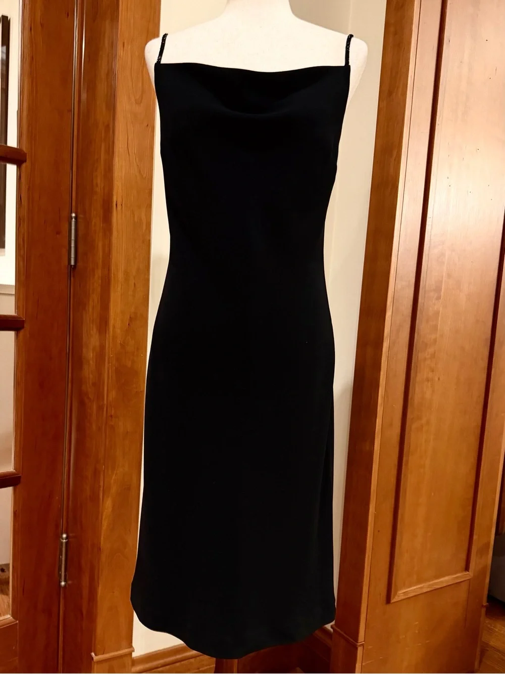 Banana Republic Black Cowl-Neck Satin Midi Slip Dress with Sequin Straps